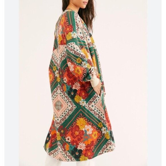 FREE PEOPLE Red Eye Printed Cardi Kimono M/L Boho Oversized Open Front Cotton - Picture 1 of 11